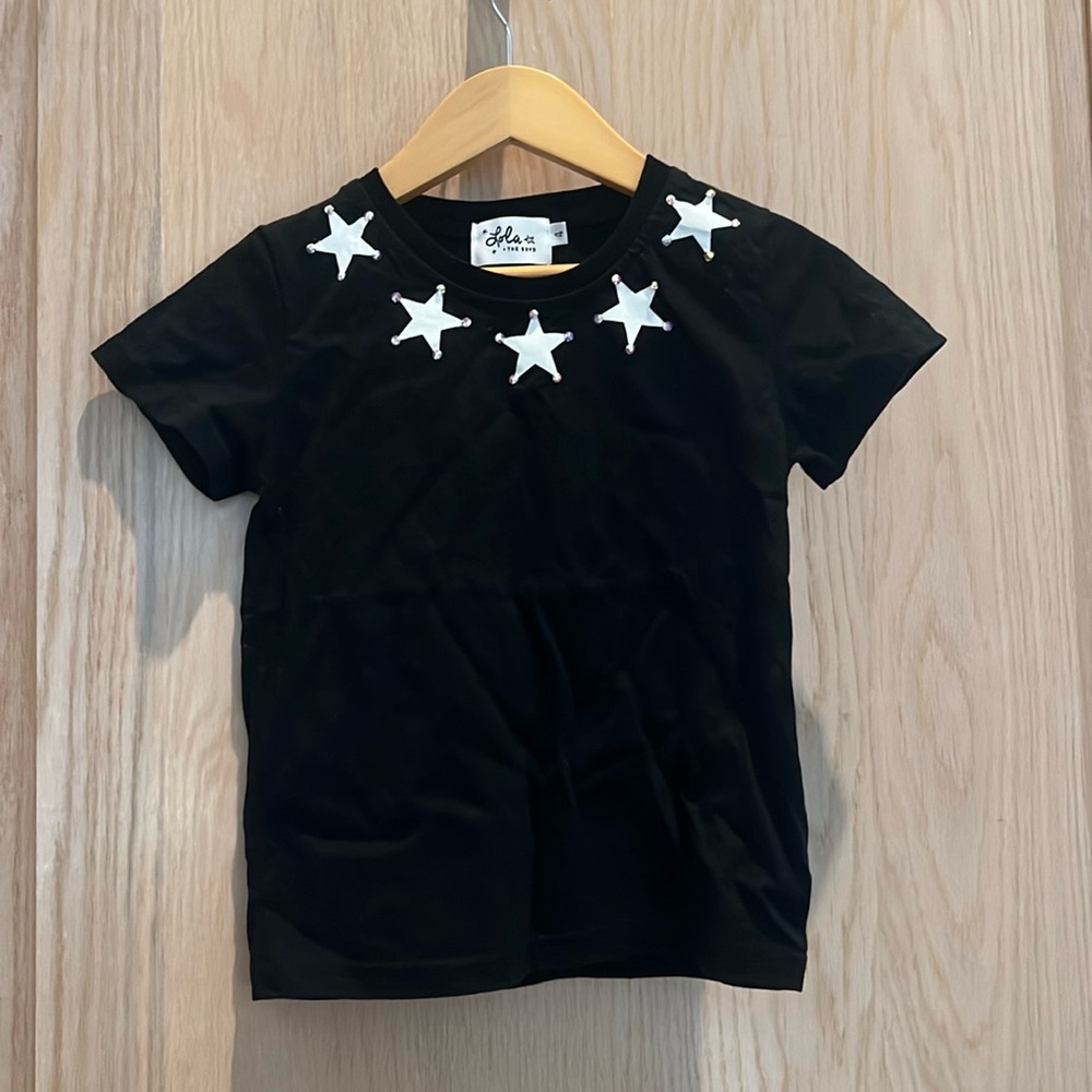 Lola and the Boys Black tee with Swarovski crystal studded white stars
